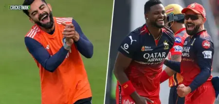 Virat Kohli Jokes With Romario Shepherd During RCB Practice Before RR Clash in IPL 2026 Virat Kohli Jokes With Romario Shepherd During RCB Practice Before RR Clash in IPL 2026