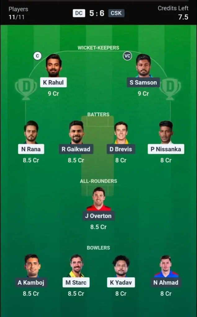 DC VS CSK Dream11 Prediction Grand League Team