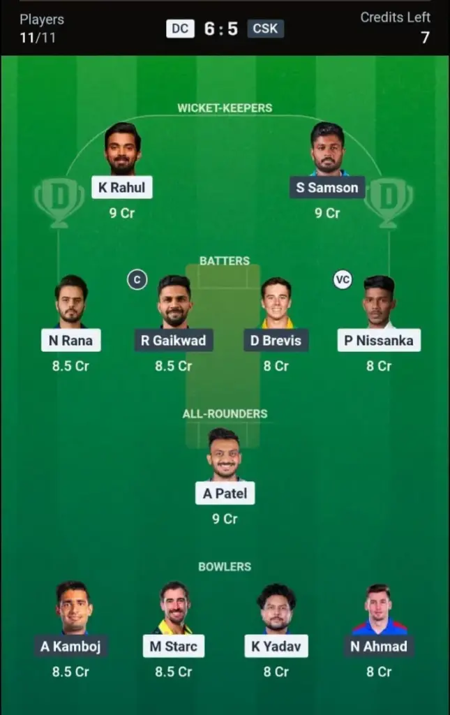 DC VS CSK Dream11 Prediction Small League Team