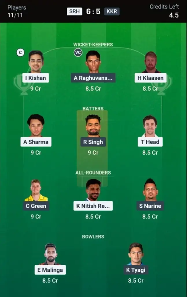 SRH VS KKR Dream11 Prediction Grand League Team