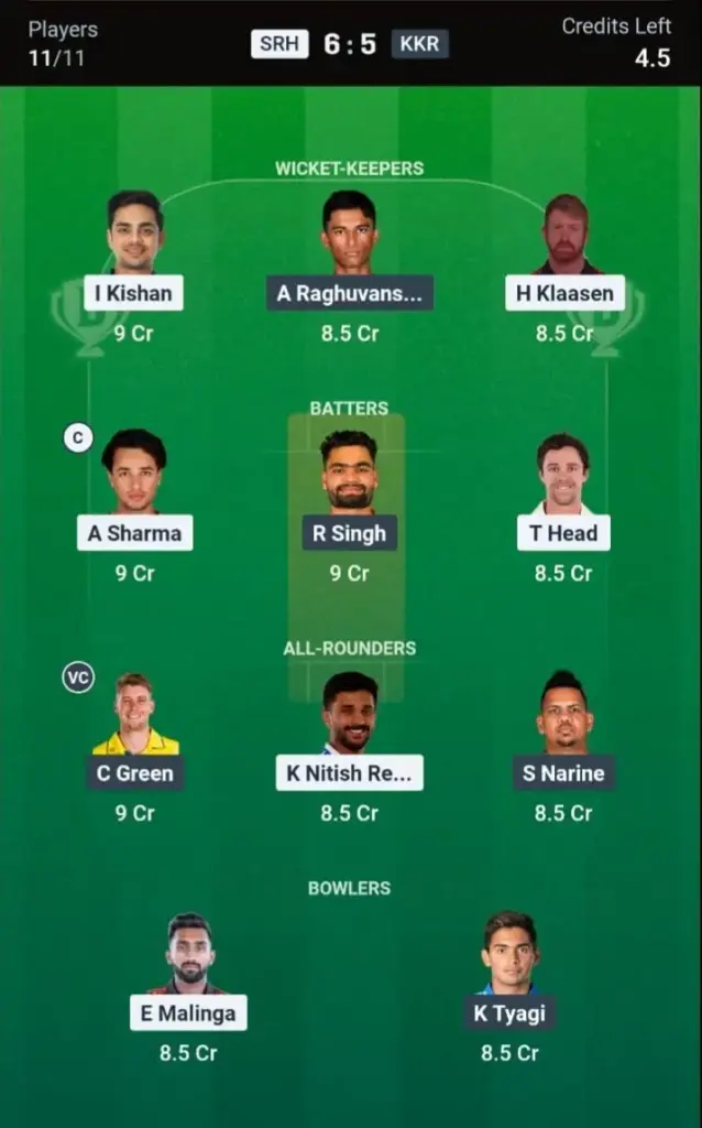 SRH VS KKR Dream11 Prediction Small League Team