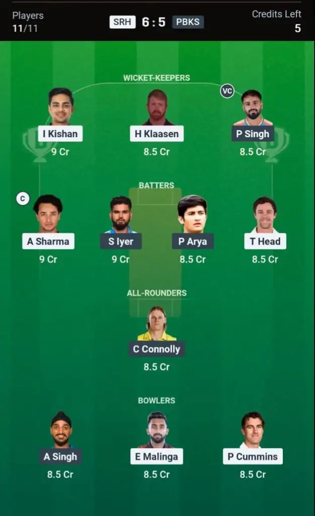 SRH VS PBKS Dream11 Prediction Grand League Team
