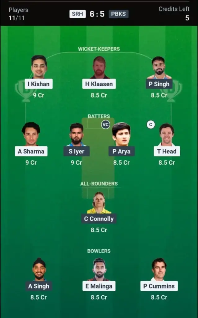 SRH VS PBKS Dream11 Prediction Small League Team