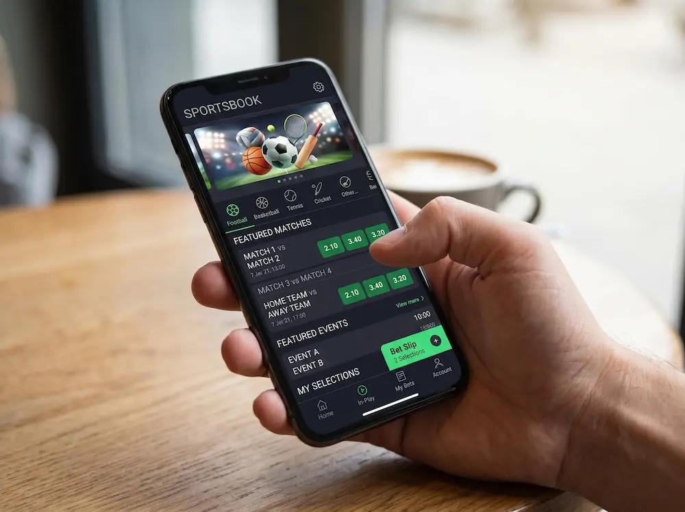 A close-up of a person using an online betting app and searching for betting odds.